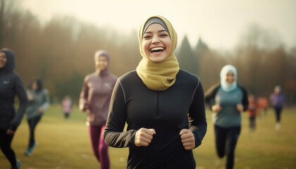 A happy muslim woman wearing a hijab and sportswear is doing sports with other people in a park