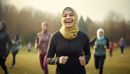 Fototapeta premium A happy muslim woman wearing a hijab and sportswear is doing sports with other people in a park