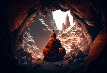 Monk meditating inside a cave. Generative AI