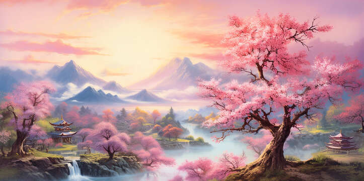 Cherry blossoms and misty mountain forests, castles, rivers, waterfalls, landscape paintings of cherry blossom trees.