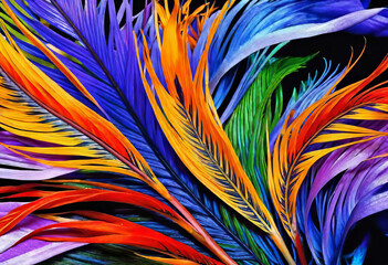 magical bird feathers with numerous patterns and play of colors, abstract fantasy of unreal beauty with flower patterns,