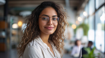 Obraz premium A young, smiling professional woman wearing glasses, standing in a contemporary office environment, exuding confidence and approachability.