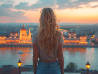 Woman admiring Budapest parliament from top of hill at sunset