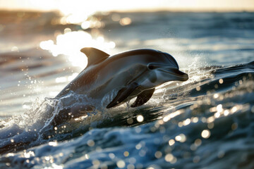 A dolphin gracefully glides through the sparkling ocean waves