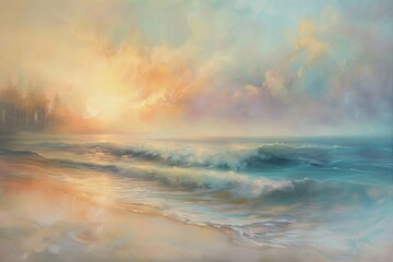 Seascape painting with gentle ocean waves lapping on a shore 