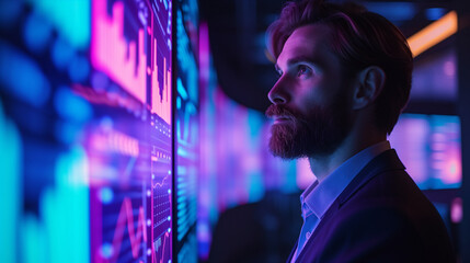 Fototapeta na wymiar Businessman in a suit examines fluctuating stock market data on digital display panels.