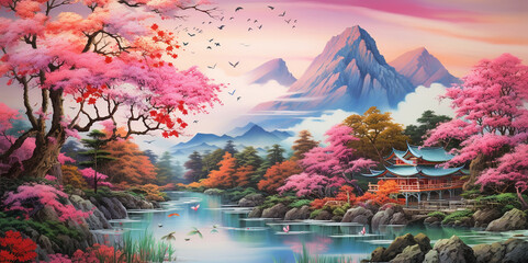 Cherry blossoms and misty forest on the mountain There are Japanese castles, rivers, waterfalls, and landscape paintings of cherry blossom trees. - obrazy, fototapety, plakaty