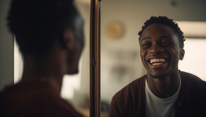 A happy black man is smiling at his reflection in the mirror - obrazy, fototapety, plakaty