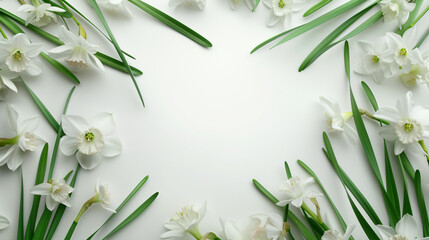 Enchanted Spring: Narcissus Flowers and Grass Filigree, Creating an Artistic Frame on a White Background, Perfect Clipart for Creative Projects with Large Space for Text.