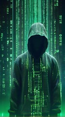 man, hacker, in a green sports coat with a hood on his head on a green background with a binary code, Shadowy figure in a hooded jacket standing against a backdrop of digital data code