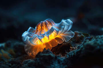 An intriguing deep-sea mollusk emitting a soft, ethereal glow in the darkness