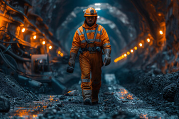 A mining foreman, in high-visibility gear, walks through the dimly lit, rugged passageway of an...
