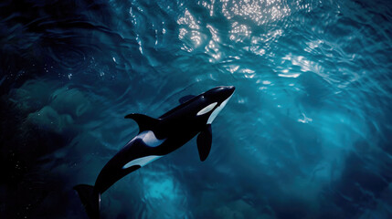 A sleek orca gliding through the deep blue sea