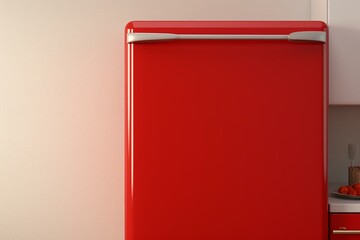 Close-up shot of a blank memo note sticker on a red refrigerator door. 3D render of a blank paper reminder on a red retro fridge. Generative AI