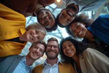 Portrait of a diverse group of happy friends standing together in a circle, radiating happiness - obrazy, fototapety, plakaty