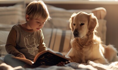Little boy reading a book to his Golden Retriever dog sitting on a bed in light sunny bedroom
