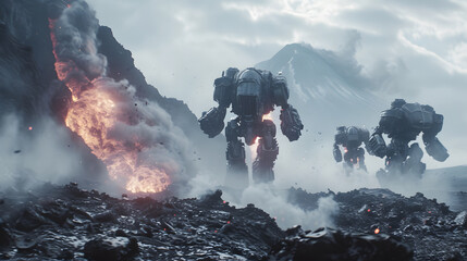 giant robot mechas running into a vulcanic landscape  