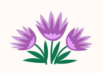 Bouquet with spring flower concept. Violet flowers with leaves. Wild life and flora. Botany and floristry. Sticker for social networks. Cartoon flat vector illustration isolated on white background