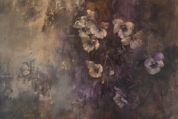 Dark Abstract Flower in Dark Brown and Tan Atmosphere - Classical European Oil Flower Painting Style - Vivid Ethereal Lyrical Flower Canvas Painting Background created with Generative AI Technology