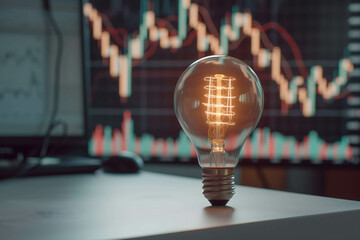 light bulb and financial growth stock chart, idea for investment plan and risk management concept - obrazy, fototapety, plakaty