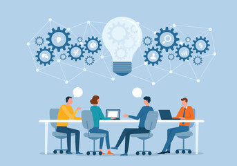 business people team working meeting and brainstorming concepts. creative team thinking ideas together for business process planning. flat vector illustration cartoon design for web banner. 
