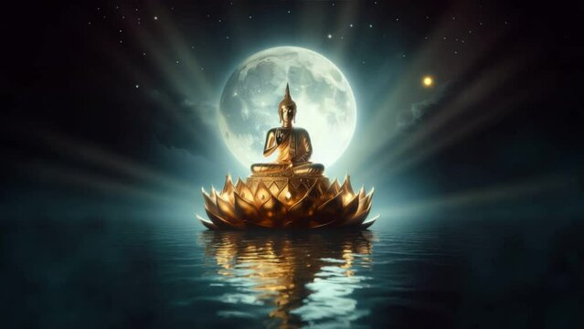 Slow motion hindu ancient buddha statue in water relax, gold buddha