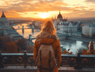 Fototapeta na wymiar Woman admiring Budapest parliament from top of hill at sunset