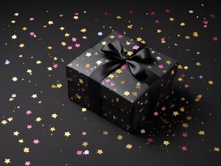 gift box on a black background with confetti with space to copy