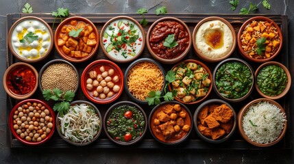 Assorted Indian food in bowl or plate includes Chicken Tikka Masala, Dal Makhana, Palak Paneer, Chickpea, Dry Fruits, Vegetables, Herbs and spices. Top view - obrazy, fototapety, plakaty