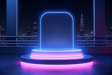 Abstract podium on street with neon lights and glowing spotlight. 3D rendering. Generative AI