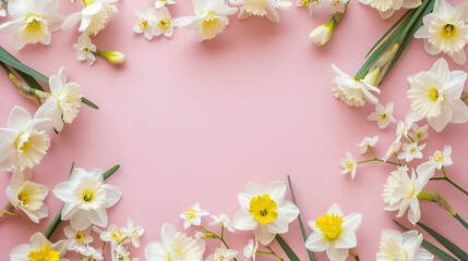 Obraz na płótnie Canvas Romantic Spring Frame: Daffodil Flowers Delicately Outline a Pink Background, Creating a Perfect Clipart Design for Art Projects with Generous Space for Text.