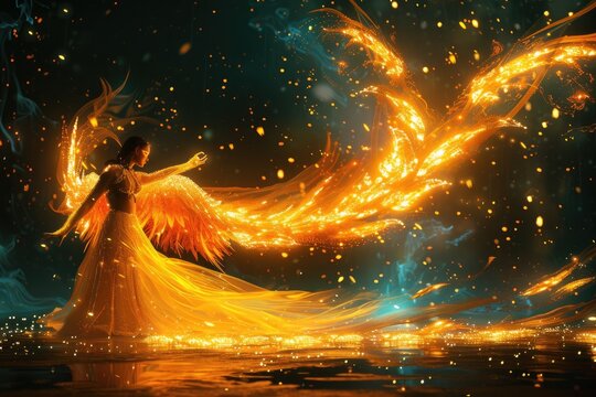 Woman with phoenix cosplay dance on fire. Generative AI