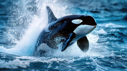 An orca breaching in a display of majestic power - obrazy, fototapety, plakaty
