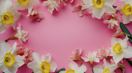 Enchanted Floral Atmosphere: Narcissus Flowers as a Clipart Frame on a Pink Background, Adding a Touch of Magic to Art Projects, with Abundant Space for Creative Text.