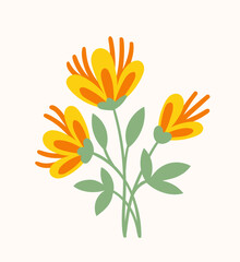 Bouquet with spring flower concept. Yellow and red flowers with leaves. Wild life and flora. Sticker for social media. Bloom and blossom. Cartoon flat vector illustration isolated on white background