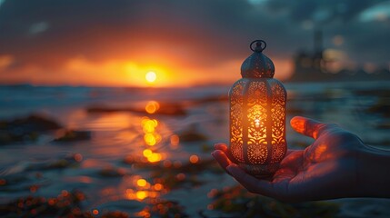 Hand holding a glowing lantern on the beach at sunset. Ramadan Kareem background
