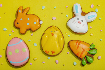 Traditional Happy Easter cookies, festive edible decor. Homemade baking concept, cute sweets