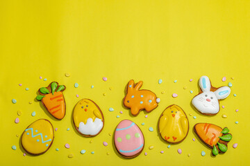 Traditional Happy Easter cookies, festive edible decor. Homemade baking concept, cute sweets