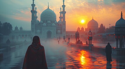 Silhouette of Muslim women walking in front of the Taj Mahal at sunset, Agra, Uttar Pradesh, India - obrazy, fototapety, plakaty
