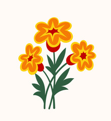 Bouquet with spring flower concept. Yellow and red flowers with leaves. Wild life and flora. Template and layut. Bloom and blossom. Cartoon flat vector illustration isolated on white background