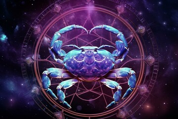 Cancer zodiac symbol: fantastical crab dances inside cosmic wheel under starry sky. Generative AI