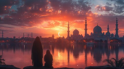 Silhouette of muslim women on the background of mosque at sunset