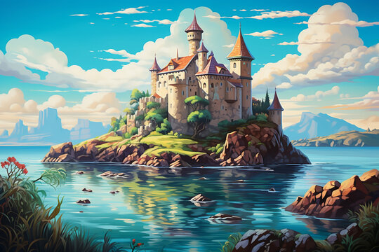 A painting of a castle by the ocean, Beautiful picture of castle. Illustration of a beautiful castle, submerged at the bottom of the blue ocean, surrounded by corals and small fish, Generative Ai