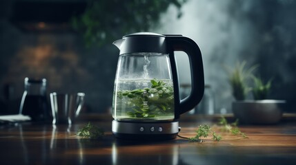 Glass Pitcher Filled With Green Plants on Wooden Table