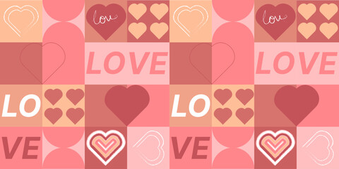 Geometric seamless pattern love theme pink. Hearts and letters. Valentines day. Fabric packaging design. Vector illustration.