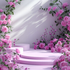 Fototapeta na wymiar White podium with flowers rose, product pink 3D background 