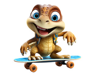 A Cartoon Turtle On The Skateboard, isolated on a transparent or white background