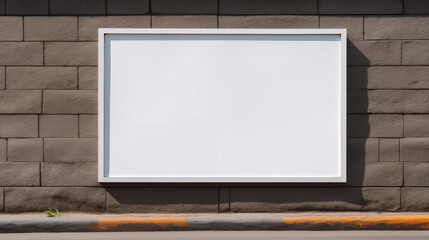 Blank rectangular billboard for advertising mockups, mounted on a traditional brick wall.