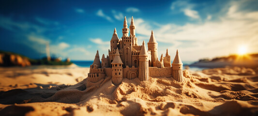 Naklejka premium Grand intricate sandcastle on the beach during a summer day with a bluured city backdrop. Generative AI