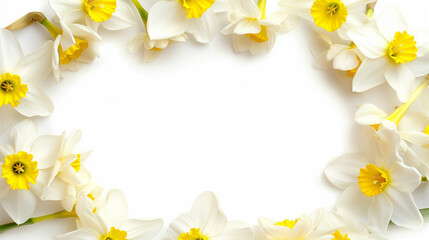 Easter Elegance in White: Clipart of Daffodil Flowers on a White Background, Forming an Eye-catching Frame, Ideal for Spring Art Projects with Plenty of Space for Text.